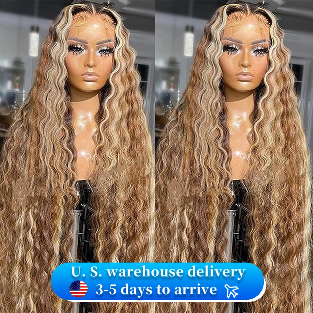 250 Density 30 46 Inch Highlight Ombre Deep Wave HD Lace Front Wig Colored Curly Human Hair Wig 13x6 Lace Frontal Wigs For Women