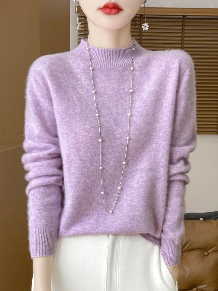 Women's Elegant Basic Style Pullover 100% Merino Wool Knitwear Autumn Winter Warm Solid Casual Loose Exquisite Clothing Tops