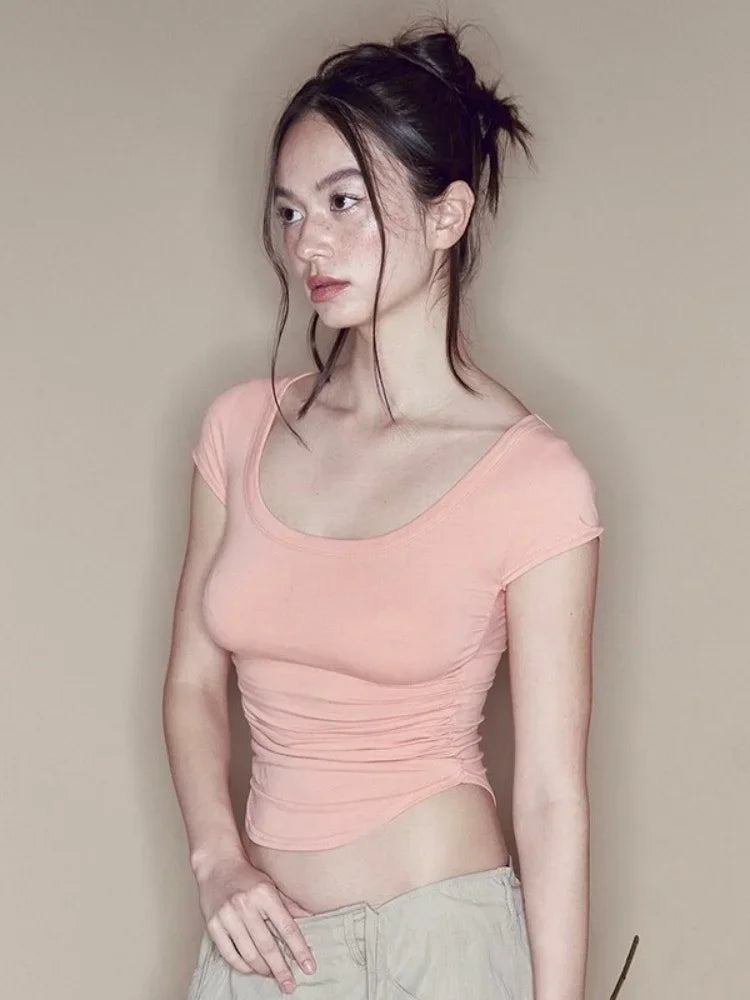 Summer Fashion New Solid Color Shirts For Women One-Piece Sexy Casual Short Women Clothing Slim Round Neck Short sleeve Y2k Top