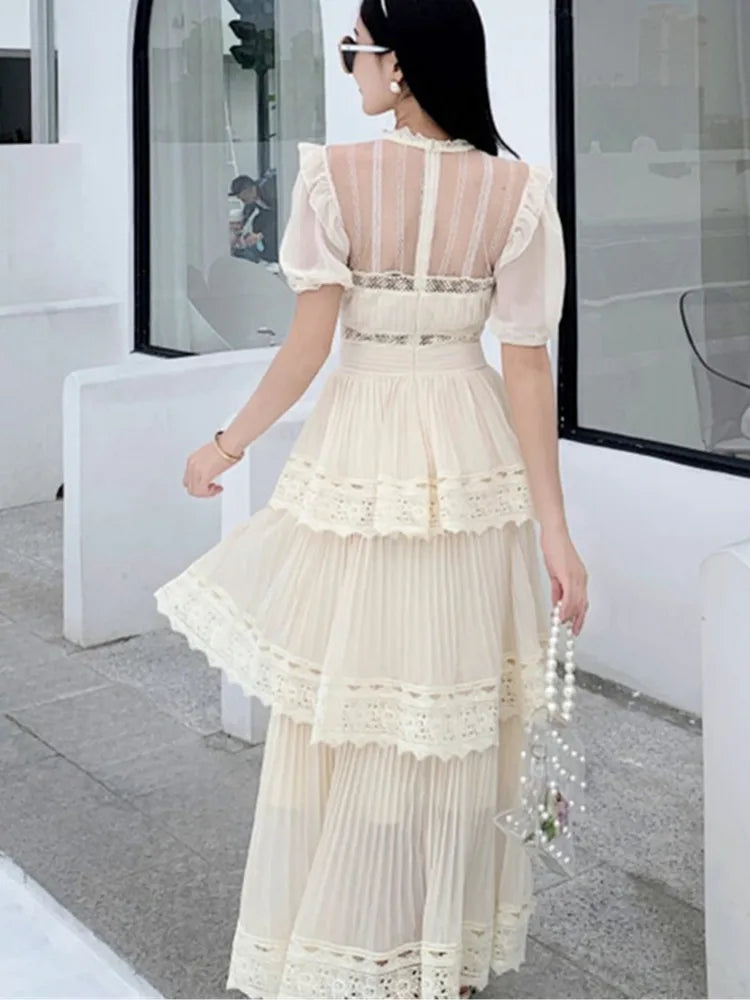 SMTHMA 2025 New Arrival Beige Lace Long Dress High Qulity Luxury Design Runway Dress Short Sleeve Ruffle Summer Dresses Vestidos