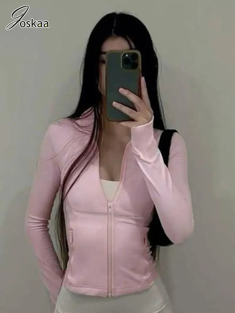 Joskaa Casual Solid Sports Fitness Running Hoodie Women Long Sleeve Zip Yoga Sweatshirts Winter Fashion T-Shirts Tops Streetwear