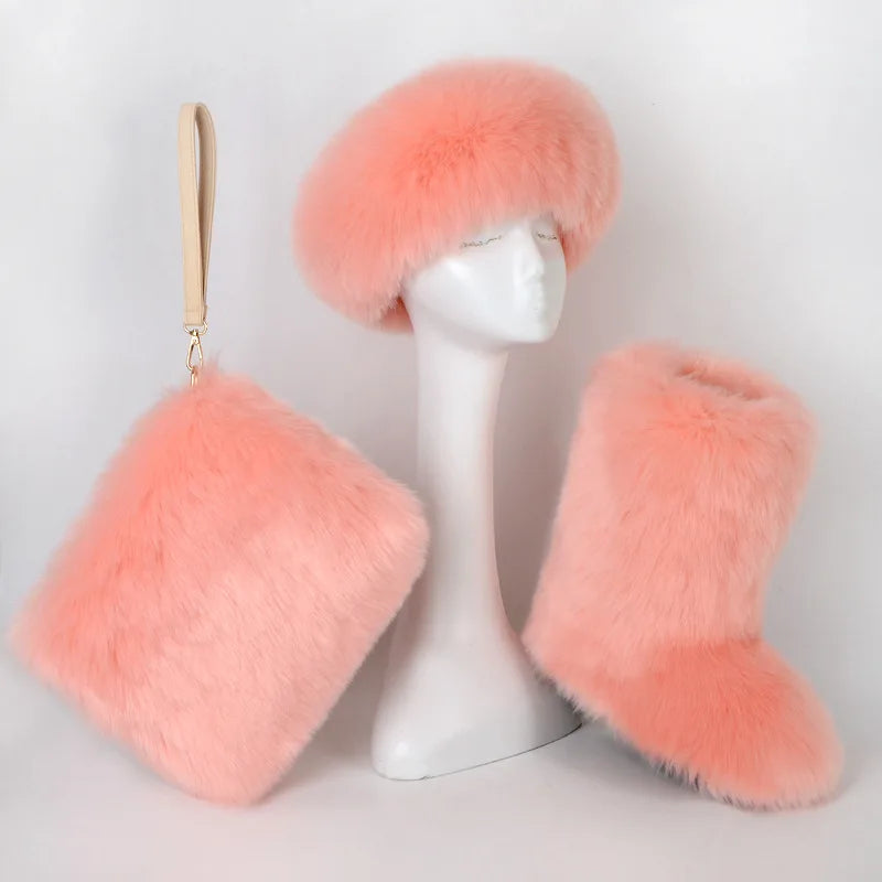 Women High Quality Fur Snow Boots One Fur Plus Velvet Thick Plus Size Snow Boots Headband Clutch Bag Imitation Fox Fur Boots Set