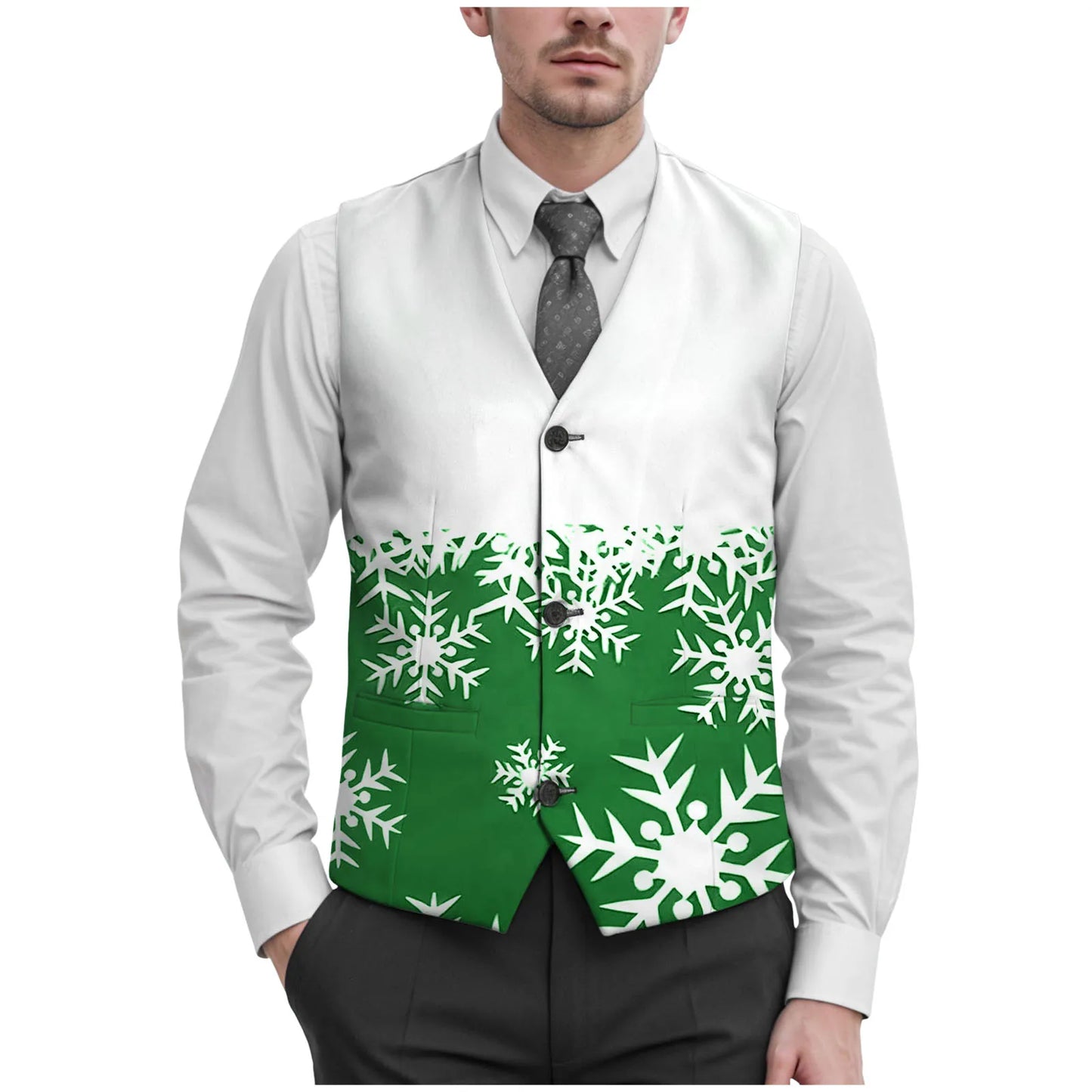 Christmas Snowflake Print Suit Vest Jacket Men'S V Neck Button Pocket Slim Suit Vest Jacket Exquisite Men'S Outerwear Coat