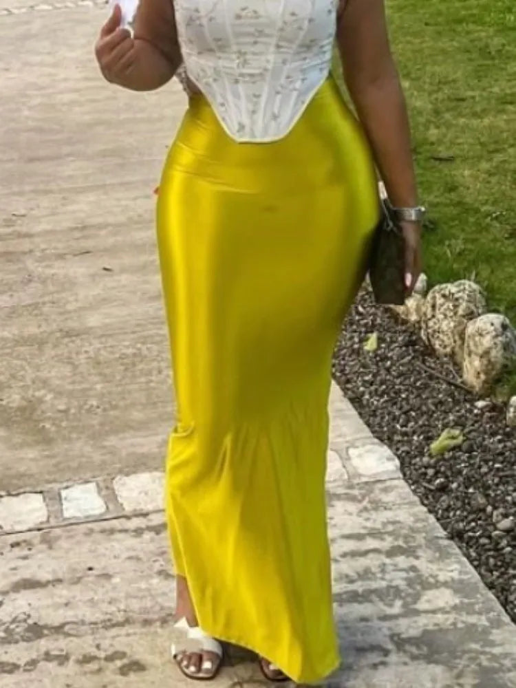 Joskaa Women's 2025 Summer Shiny High Waist Hip Skirt Sexy Side Slit Bodycon Maxi Skirts Luxury Evening Club Bottoms Beachwear