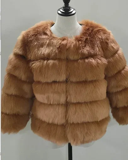 Faux Fur Women Coats Solid Round Neck Full Sleeve Coat Thick Warm Fox Short Open Stitch Elegant Splice Autumn Winter 2024