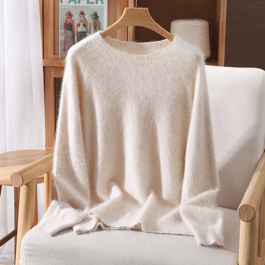 Autumn Winter Women's Solid Color 100% Mink Cashmere Sweater Basics Pullover Skin Friendly Knitwear Soft Warm Female Clothes Top