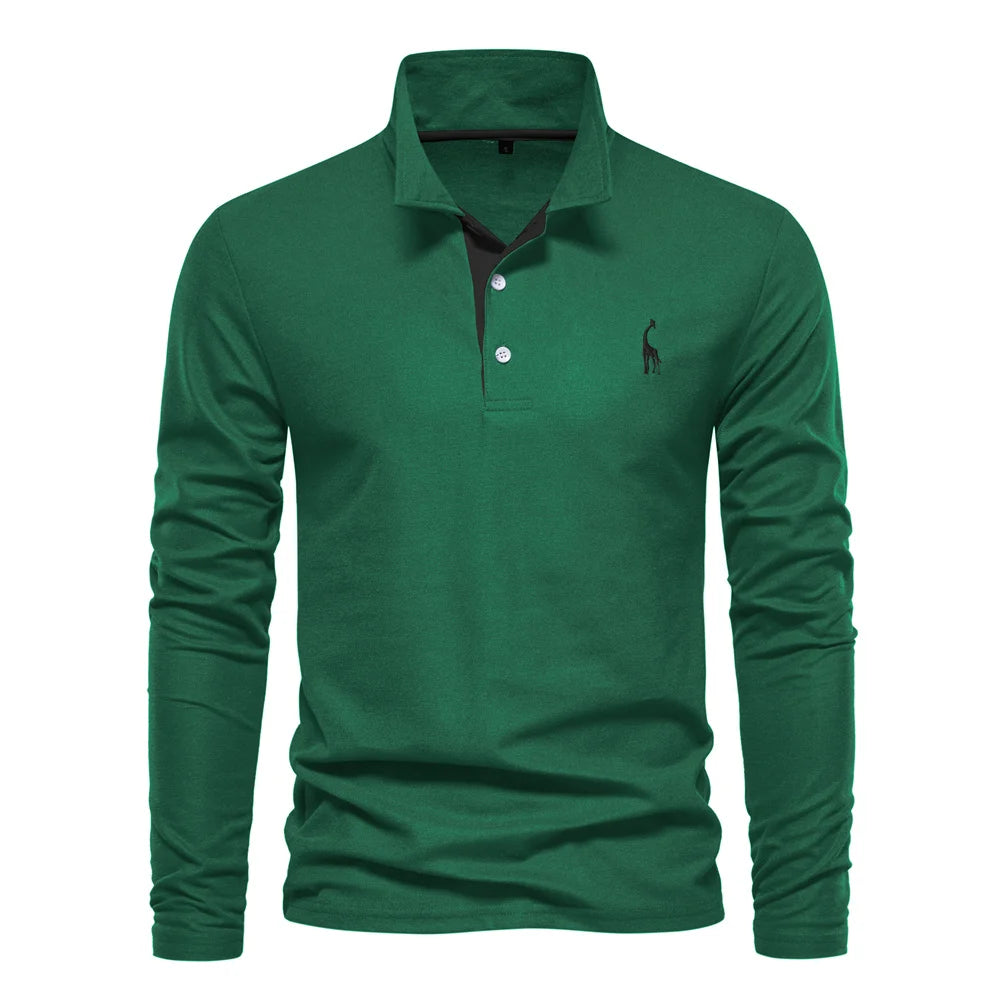 AIOPESON 2023 New Men's Deer Embroidery Polo Shirts Solid Color Long Sleeve Social Business Male