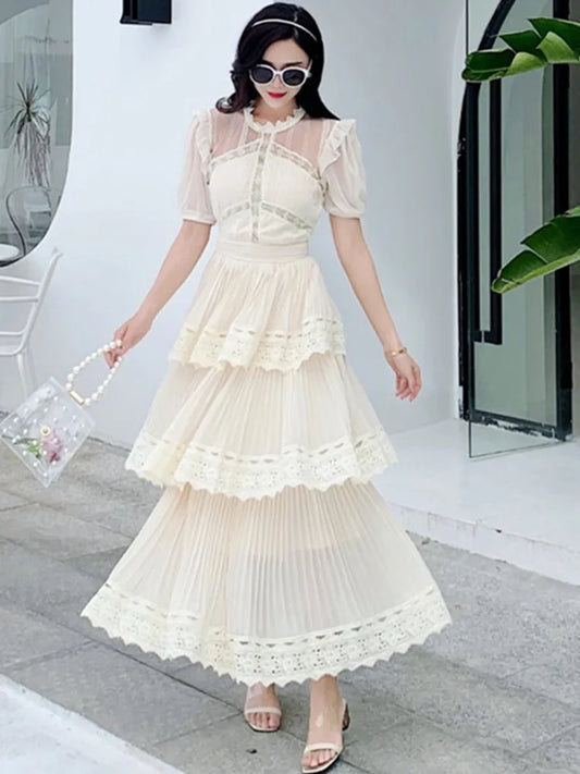 SMTHMA 2025 New Arrival Beige Lace Long Dress High Qulity Luxury Design Runway Dress Short Sleeve Ruffle Summer Dresses Vestidos