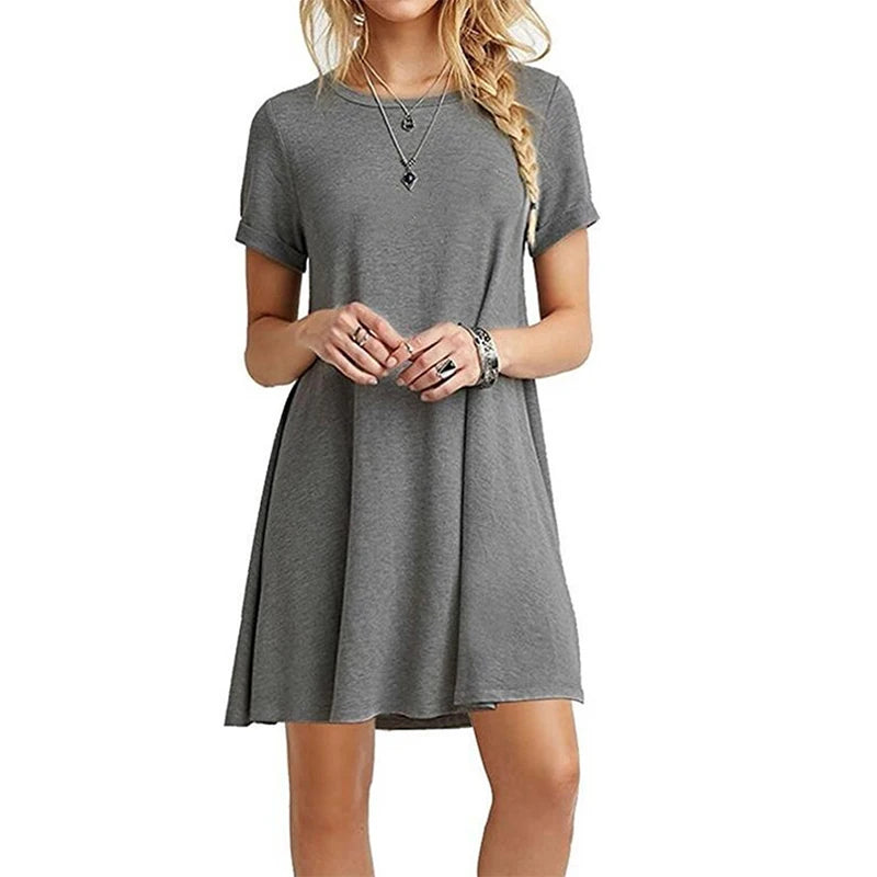 Summer Women Dresses Round Neck T Shirt Dress Slim Knee-length Short Sleeve Dress Casual Printed Skirts