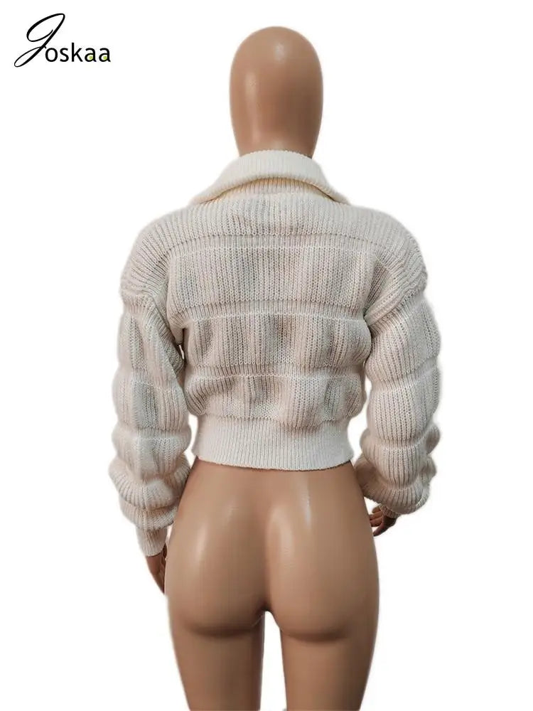 Joskaa Knit Ribbed Lapel Lantern Long Sleeve Cardigan Women Fashion Slim Sweater Coat 2024 Casual Outwear Vintage Streetwear