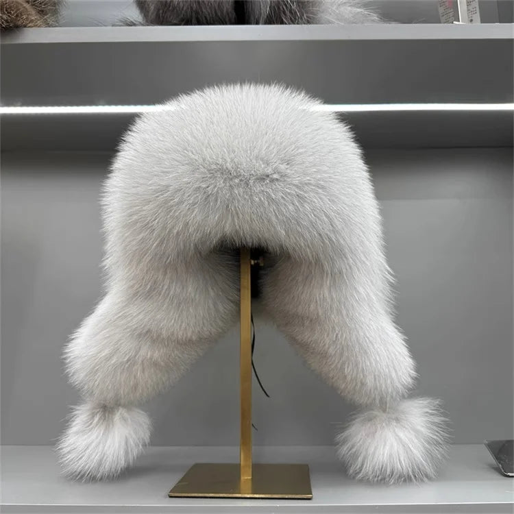 Ms.MinShu Unisex Winter Adjustable Earflap Genuine Black Fox Fur Hat with Sheep leather