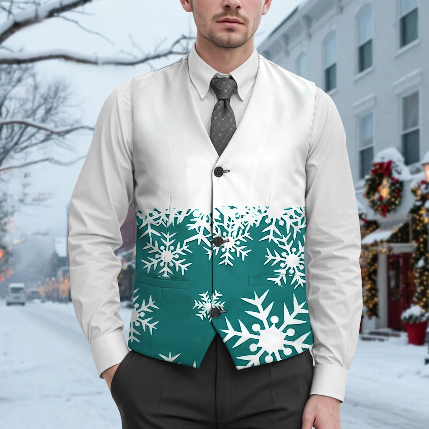 Christmas Snowflake Print Suit Vest Jacket Men'S V Neck Button Pocket Slim Suit Vest Jacket Exquisite Men'S Outerwear Coat
