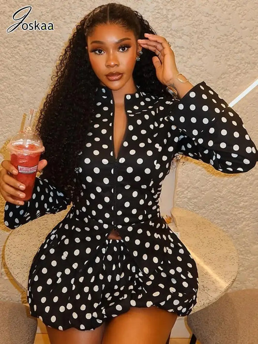 Joskaa Dot Print 2 Piece Sets Women Full Sleeve Zip-Up Jackets and Elastic Waist Ruffles Skirts Matching 2025 Y2K Streetwear