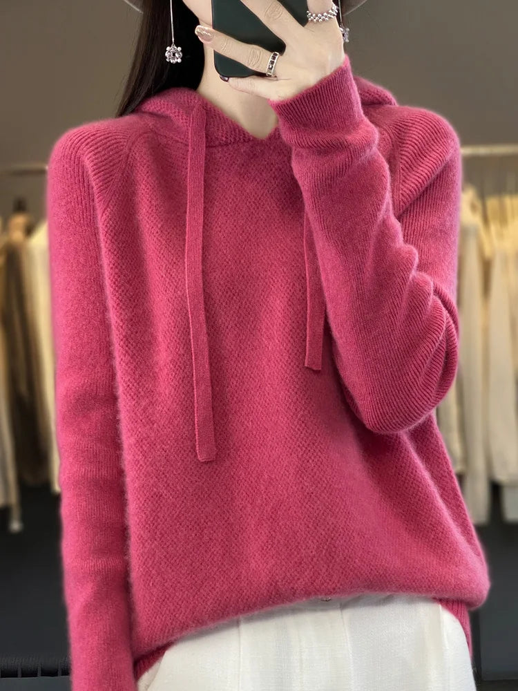 Autumn Winter Women's Cashmere Hooded Pullover Thick Sweater Raglan Sleeve 100% Merino Wool Knitwear Warm Casual Comfortable Top