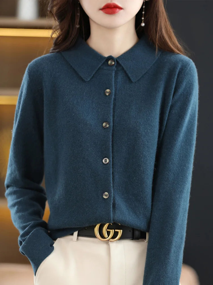 Chic Women's POLO Collar Thick Soft Warm Knitted Cardigan 100% Merino Wool New Arrivals Simple Button Solid Color Sweater Tops