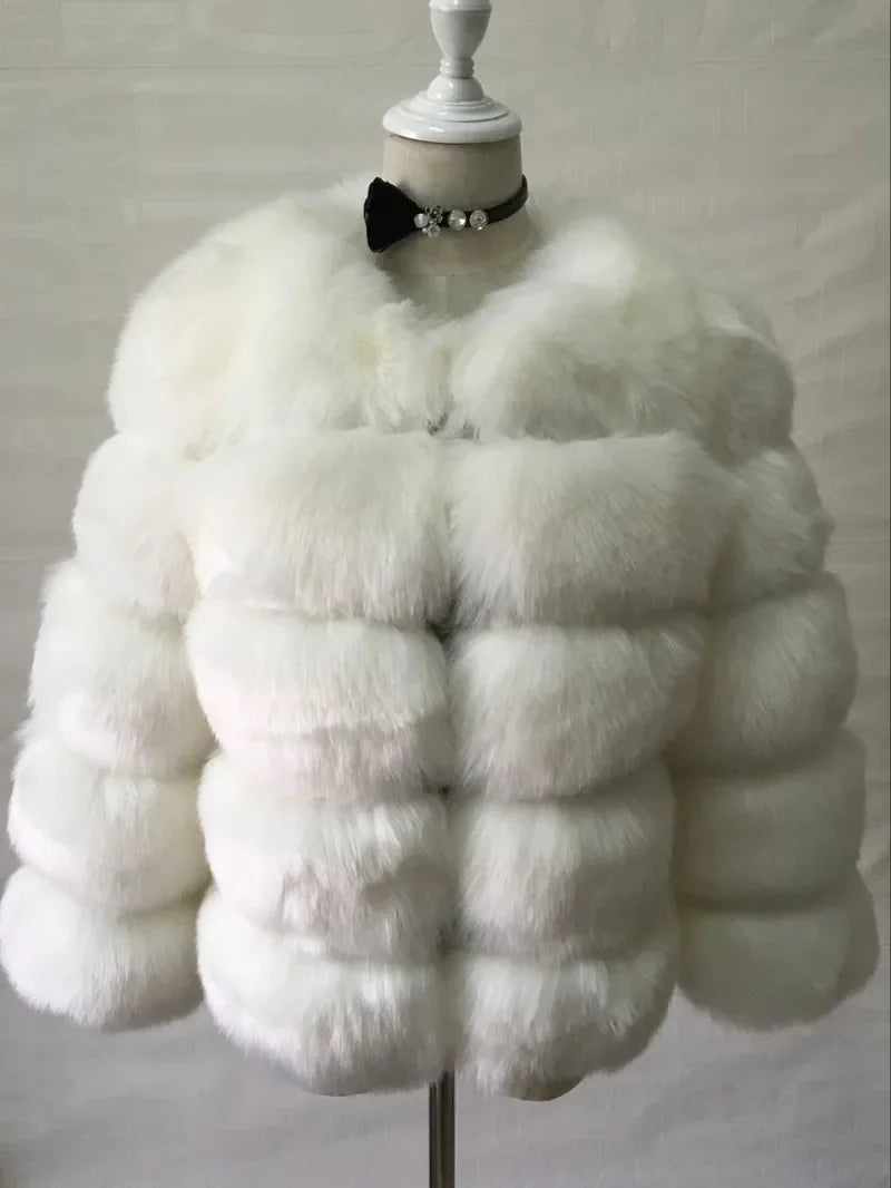Faux Fur Women Coats Solid Round Neck Full Sleeve Coat Thick Warm Fox Short Open Stitch Elegant Splice Autumn Winter 2024