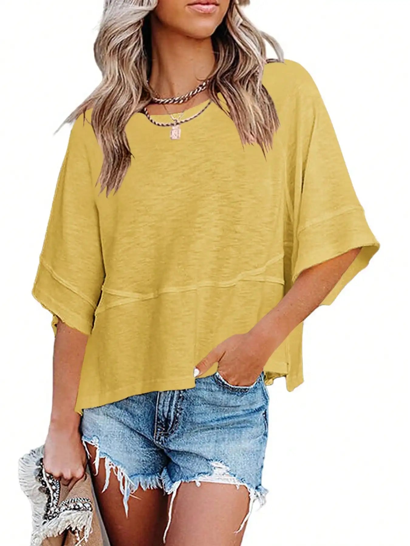 Women's Summer New Crewneck Batwing Half Sleeve Tops Solid Color Loose Fit Cute Flowy Tee Shirts Casual Dressy Cropped Blouse