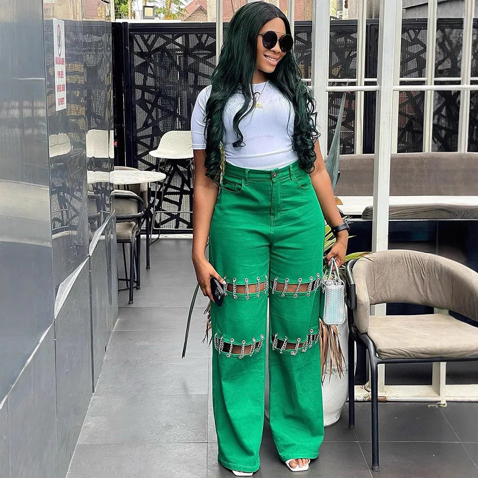 New Casual Empty Nail and Chain Stitching Jeans. Women's Spring Summer Fashion Solid-colored Loose High-waisted Wide-leg Jeans