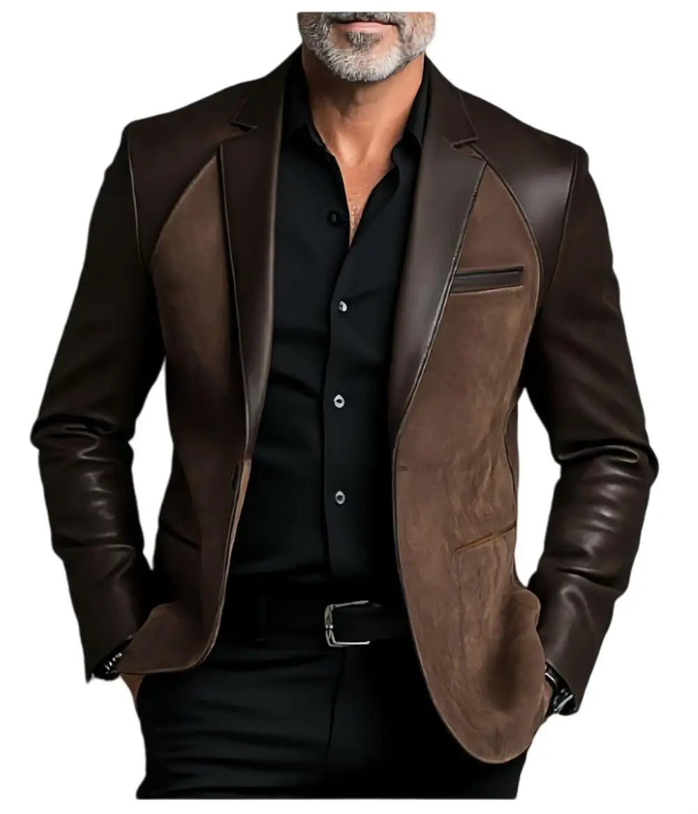 2025 NEW Leather Patchwork Velvet Men's Jacket Fashionable retro casual Brown Blazers man plus size custom suit Leather Coat