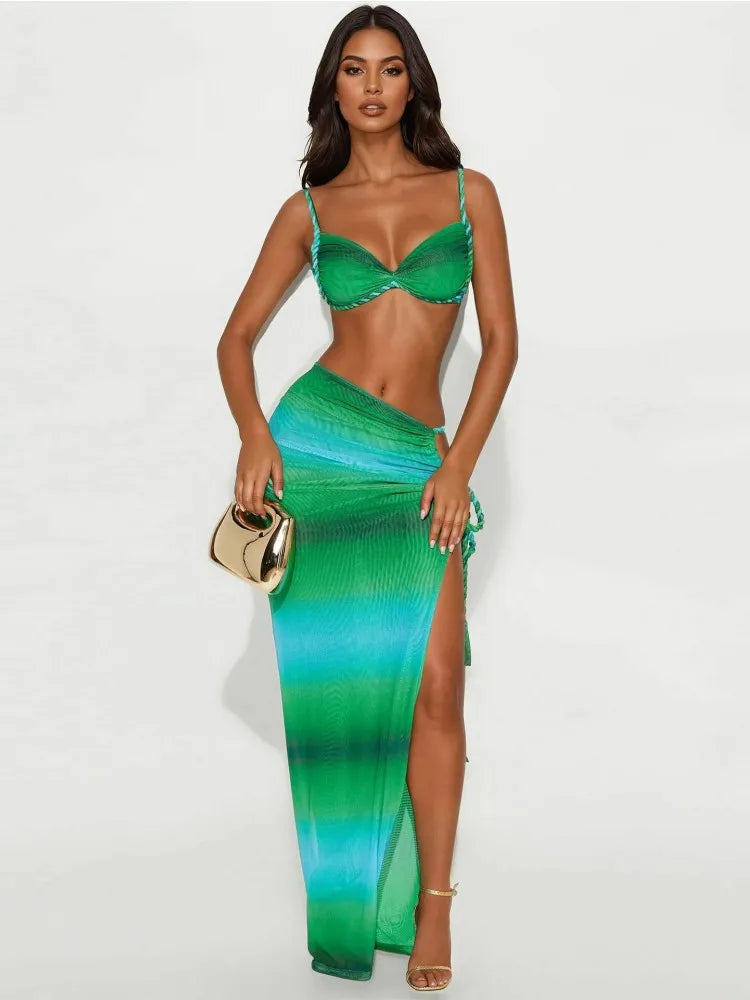 Joskaa 2025 Summer Women's Beach Style Two Piece Set Sexy Pleated Crop Camis and High Slit Maxi Skirt Matching Vacation Outfits