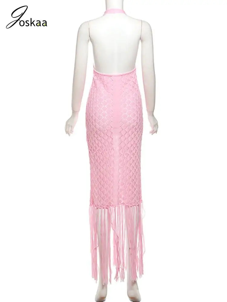 Joskaa Sexy See Through Hollow Knitted Beach Dress Women Hipster Halter Backless Tassel Skinny Vestidos 2025 Midnight Clubwear