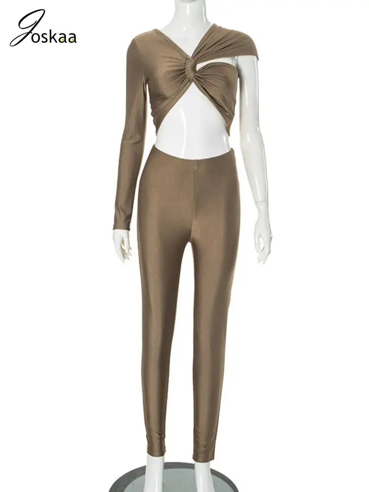 Joskaa Women 2 Piece Sets Sexy Single Sleeve Cutout Crop Tops and Pants Matching Autumn Active Fitness Tracksuits Streetwear