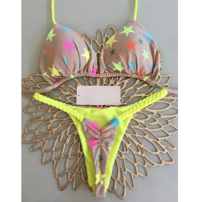 Joskaa 2025 Summer Print 2 Piece Bikini Sets Women Swimwear Sexy String Bra+Briefs Matching Bathing Suits Vacation Beachwear