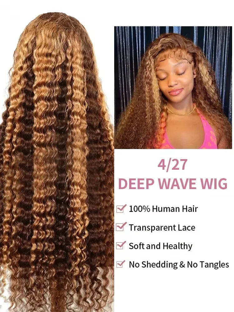 250 Density 30 46 Inch Highlight Ombre Deep Wave HD Lace Front Wig Colored Curly Human Hair Wig 13x6 Lace Frontal Wigs For Women