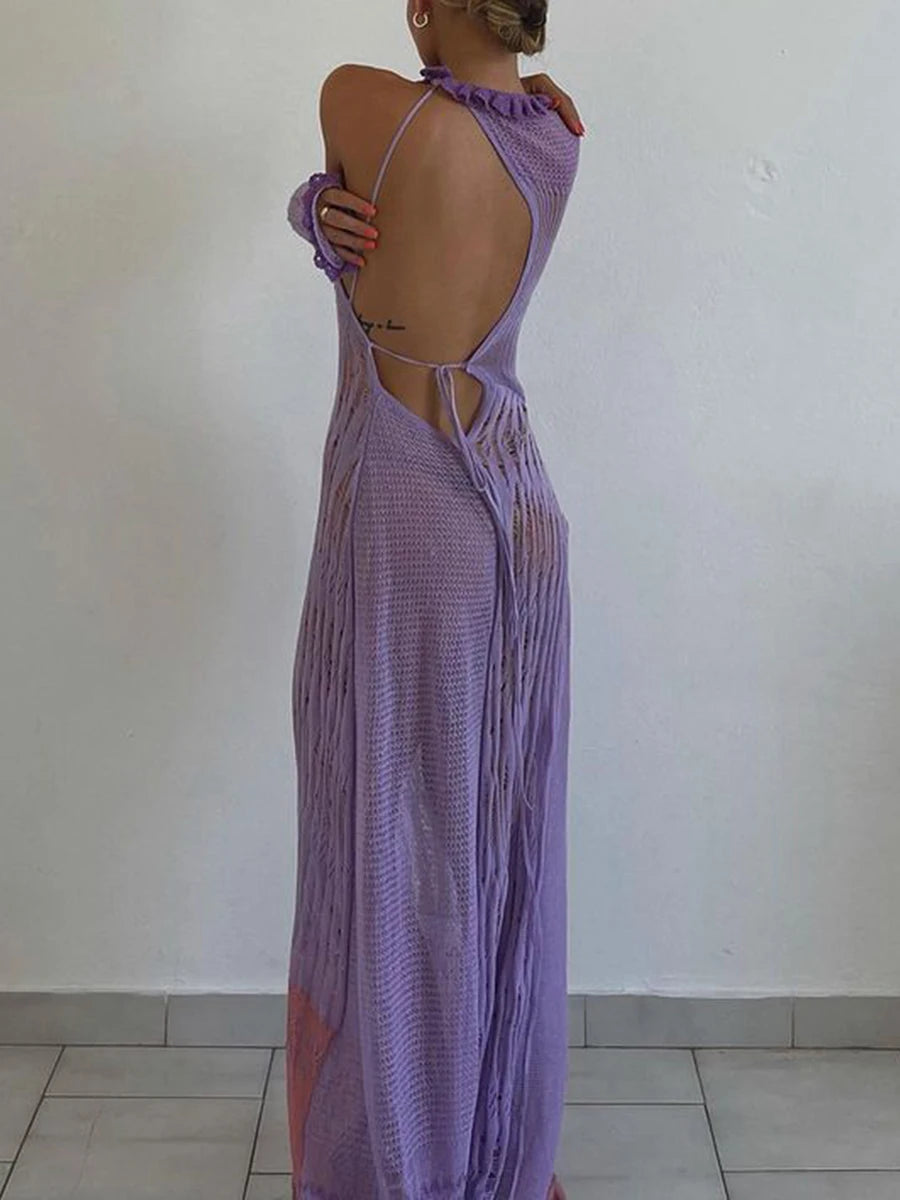Contrast Color Hollow-Out Knit Beach Long Dress 2023 Summer See-Through One-Shoulder Long Sleeve Halter Tie-up Cover-Ups Dress