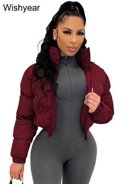 Winter Thick Warm Cotton Down Jacket Women Clothing Gray Zipper Short Puffer Parkas Coats Outwear Female  Crop Tops Streetwear