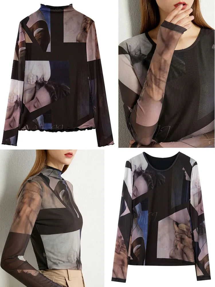 AMII Minimalism Long sleeve T-shirts for Women 2025 Autumn New Bottoming Shirt Mesh Printing Inside Slim Trendy Tops 12421003