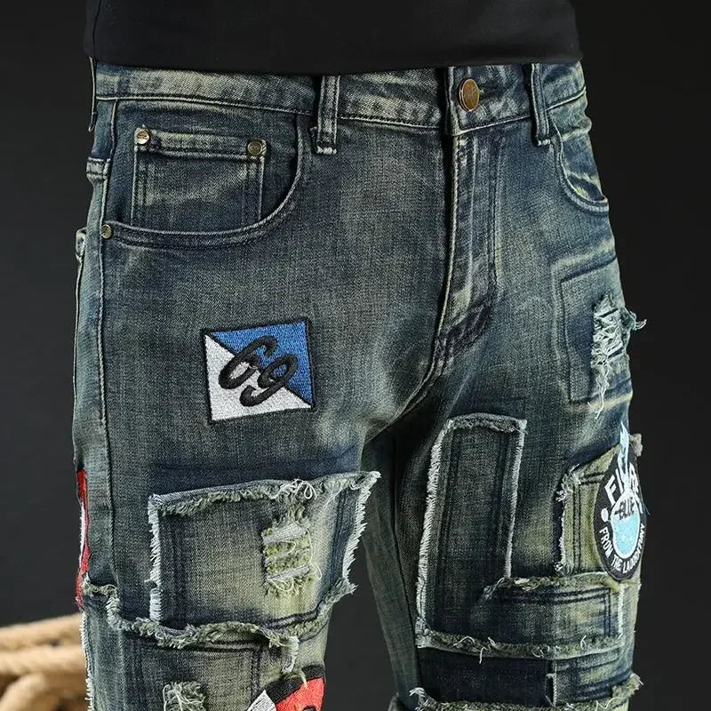Tight Pipe Skinny Trousers Man Cowboy Pants Slim Fit Jeans for Men with Print Pockets High Quality Harajuku Korean Style Soft Xs