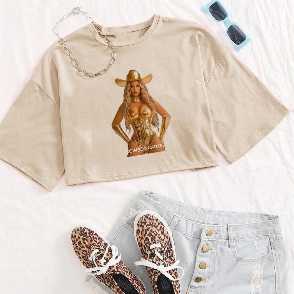 Beyonce Cowboy Carter Act Shirt for Girls Fashion O-Neck Casual Women Y2K Crop Top