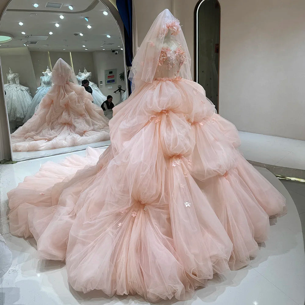 Jancember DW0098 Fairy Pink Puffy Wedding Evening Dresses With 3d Flower