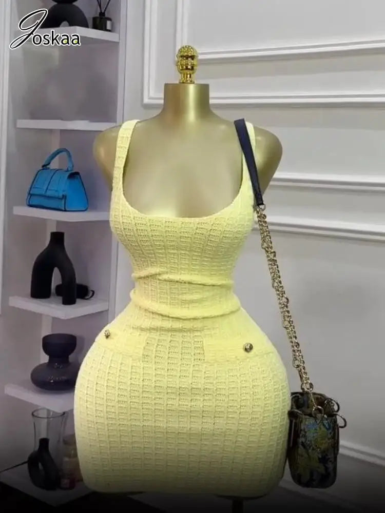 Joskaa 2025 Summer Women's Knitted Dress Sexy U-Neck Sleeveless Bodycon Mini Dresses Holiday Beachwear Vintage Streetwear
