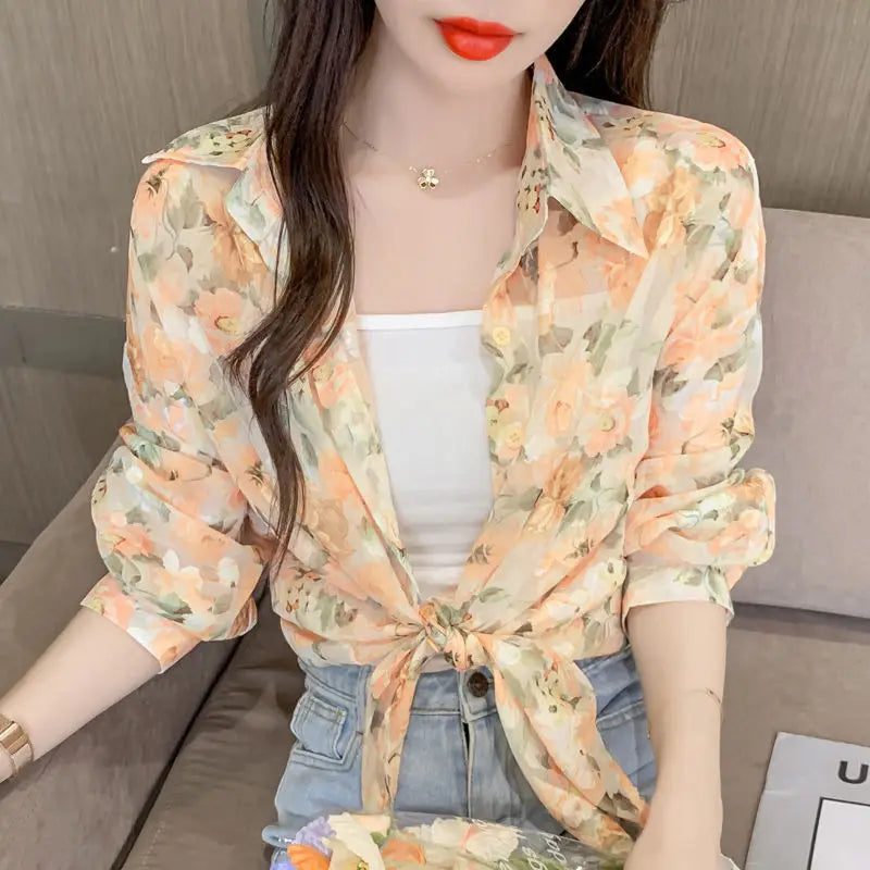 Sunscreen Clothes for Women New Summer Thin Jacket Design Niche Floral Chiffon Shirt