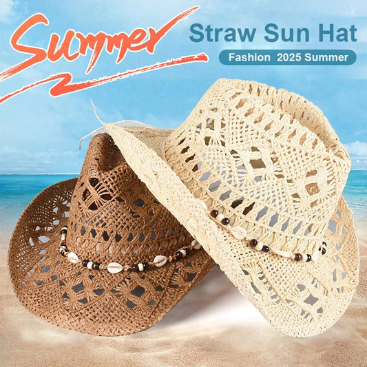 Straw Western Cowboy Hat for Women Men Classic Vintage Hollow Out Unisex Wide Brim Beach Sun Hat Fishing Hat Climbing Cap