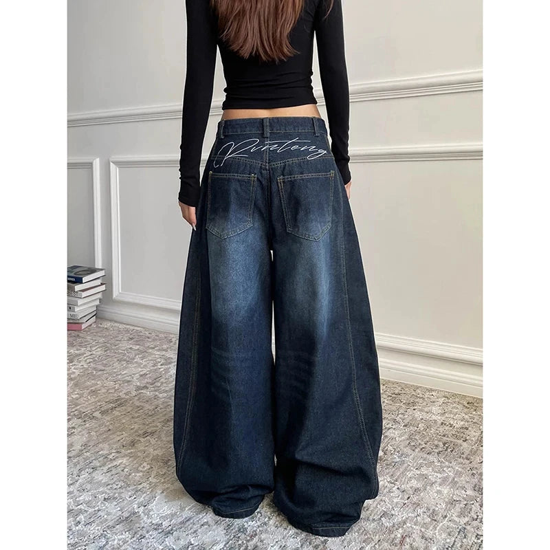 Dark Blue Retro Wide Leg Loose Denim Pants Y2K 2000s Women's High Waist Baggy Jeans Summer Korean Plus Size Women Clothes