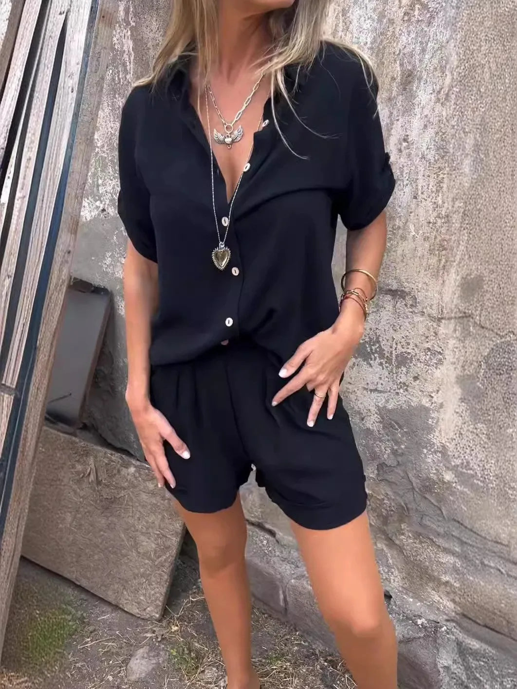 2025 Summer Women's Fashion Elegant Shorts Short Sleeve Two-Piece Set Casual Commuter Loose Button Shirt Tops And Shorts Set