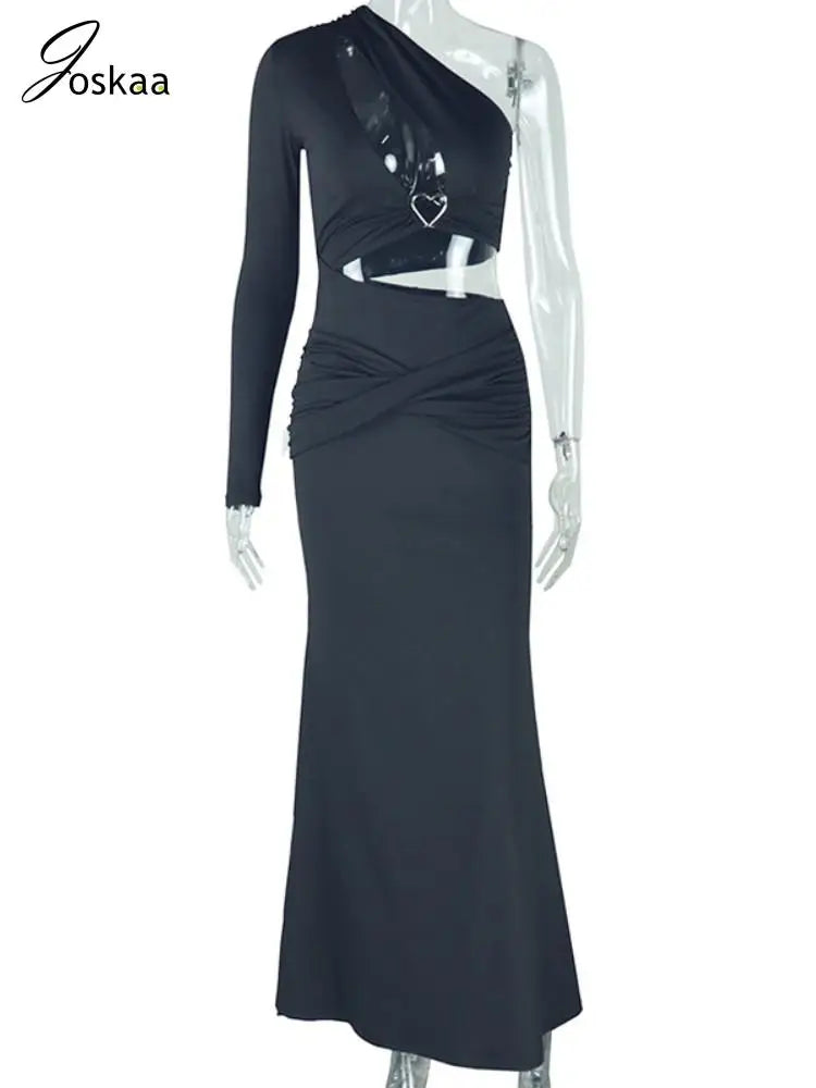 Joskaa Elegant Cutout Skew Collar Single Sleeve Body-Shaping Maxi Black Dresses for Women 2025 Spring Birthday Party Clubwear