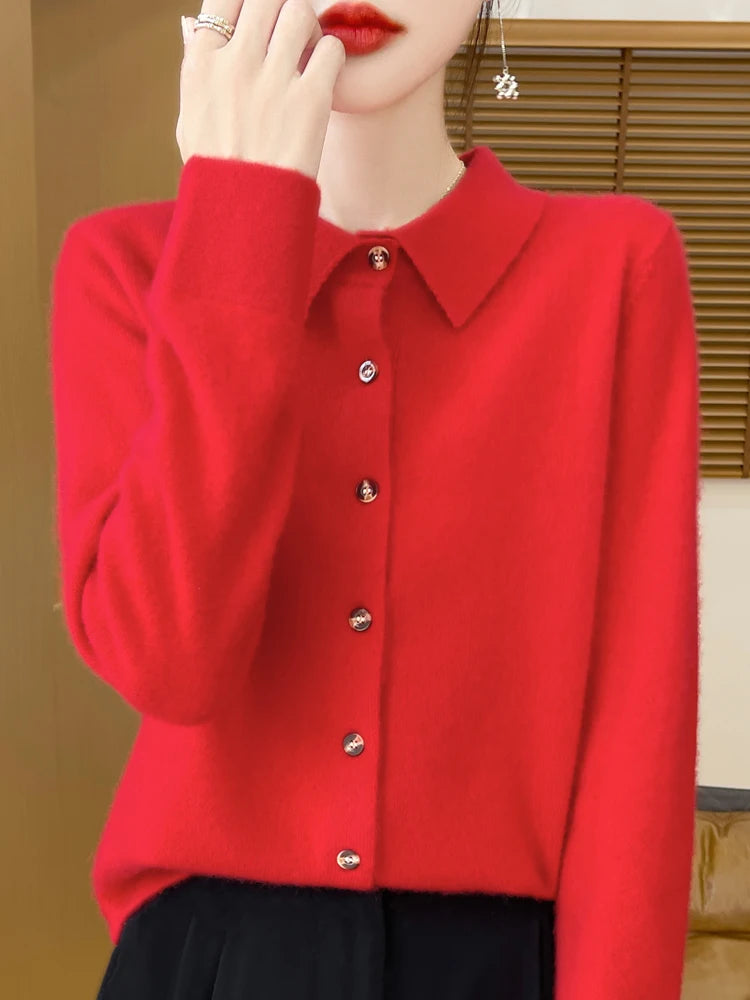 Chic Women's POLO Collar Thick Soft Warm Knitted Cardigan 100% Merino Wool New Arrivals Simple Button Solid Color Sweater Tops