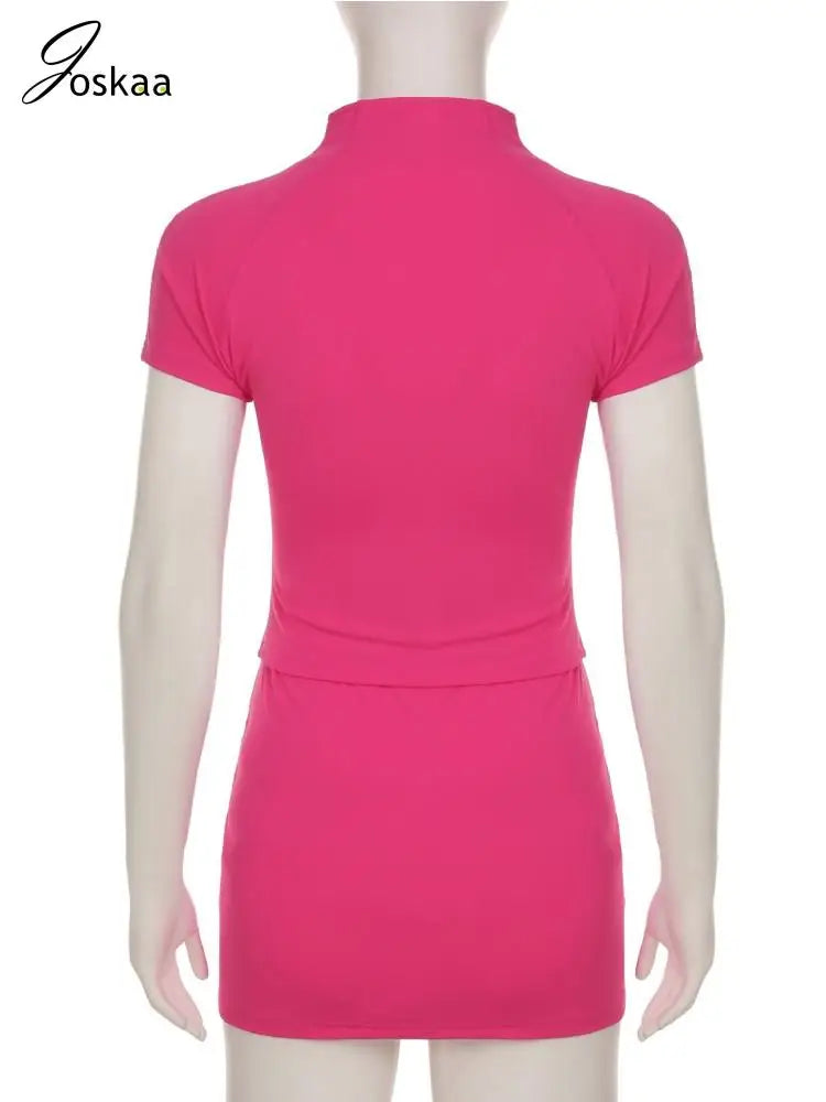 Joskaa Sporty Yoga 2 Piece Sets Women Casual Short Sleeve Zip Crop Tops and Mini Skirt Matching 2025 Summer Fitness Tracksuits
