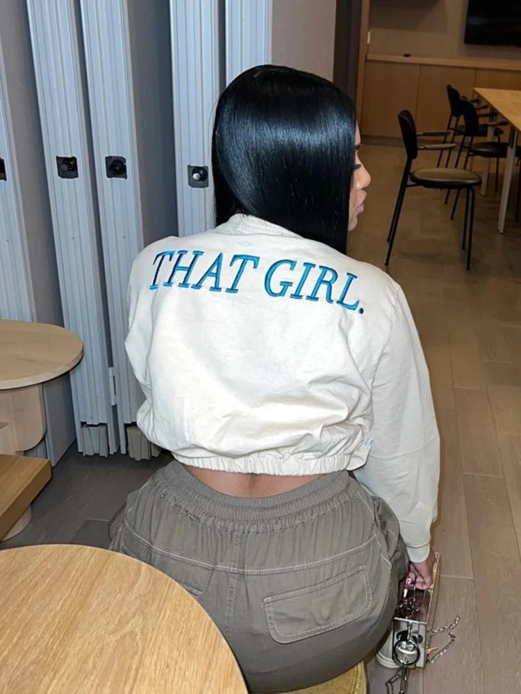 Joskaa Letter Embroidery Short Sweatshirts Women Autumn Sweaters Long Sleeve Crop Tops 2023 Casual T-Shirts Vintage Streetwear