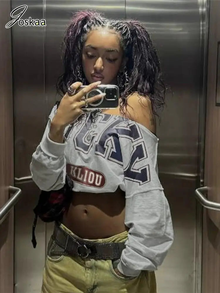 Joskaa Letter Print Y2K T-Shirts Women Hipster Oblique Shoulder Full Sleeve Loose Crop Top 2025 Graphic Tees Harajuku Streetwear
