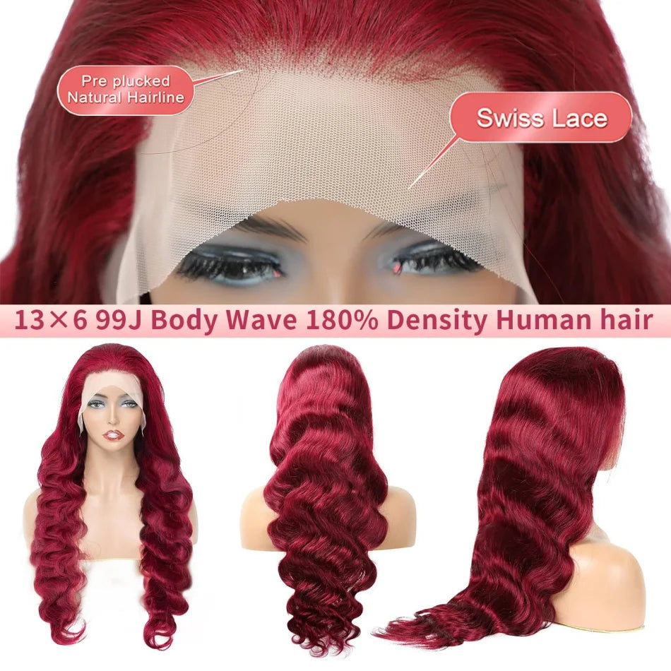 Body Wave 99J Burgundy 13X6 Hd Lace Frontal Human Hair Wigs 13X4 Lace Front Wigs Red Colored Brazilian 100% Human Hair For Women