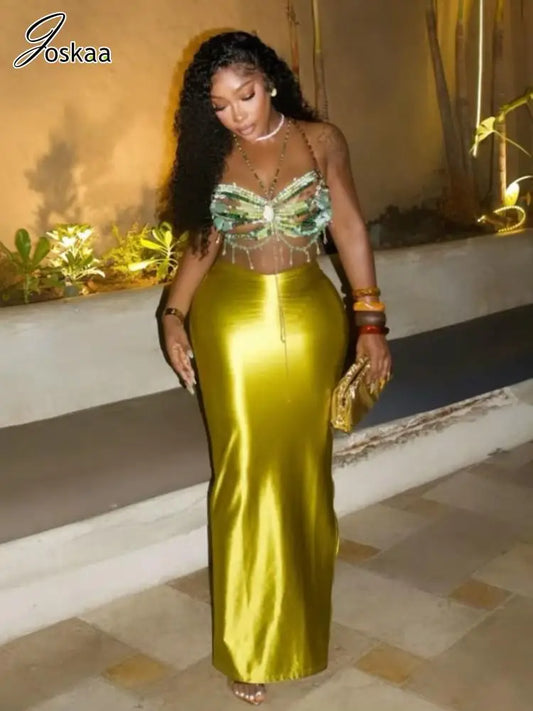 Joskaa Women's 2025 Summer Shiny High Waist Hip Skirt Sexy Side Slit Bodycon Maxi Skirts Luxury Evening Club Bottoms Beachwear