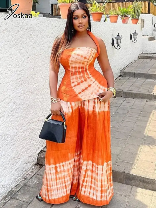 Joskaa Aesthetic Print 2 Piece Sets Women Hipster Halter Tank Tops and Wide Leg Pants Matching 2025 Summer Holiday Beachwear
