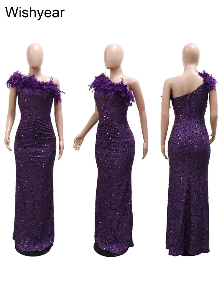 New Luxury Sequined Feather One Shoulder Sleeveless Slanted Collar Backless Purple Long Dress  Women Birthday Party Event Gowns