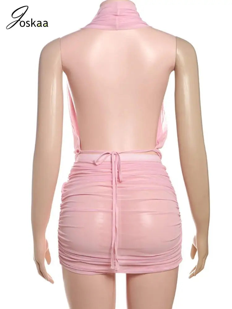 Joskaa 2025 Summer Women's Beach Style 2 Piece Sets Sexy Sheer Mesh Backless Halter Tops and Hip Skirt Matching Vacation Outfits