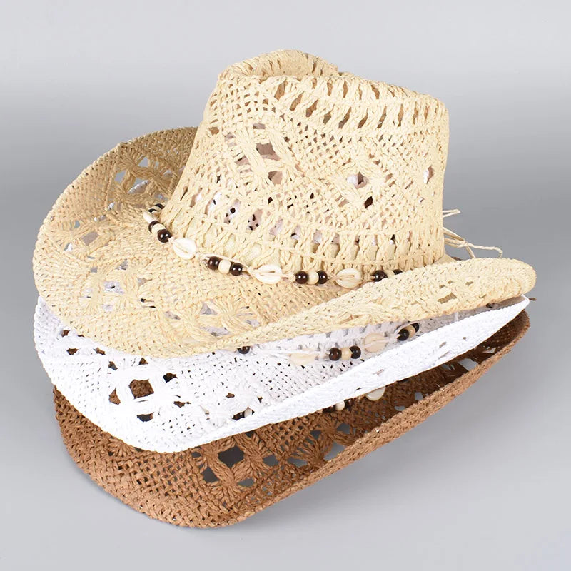 Straw Western Cowboy Hat for Women Men Classic Vintage Hollow Out Unisex Wide Brim Beach Sun Hat Fishing Hat Climbing Cap
